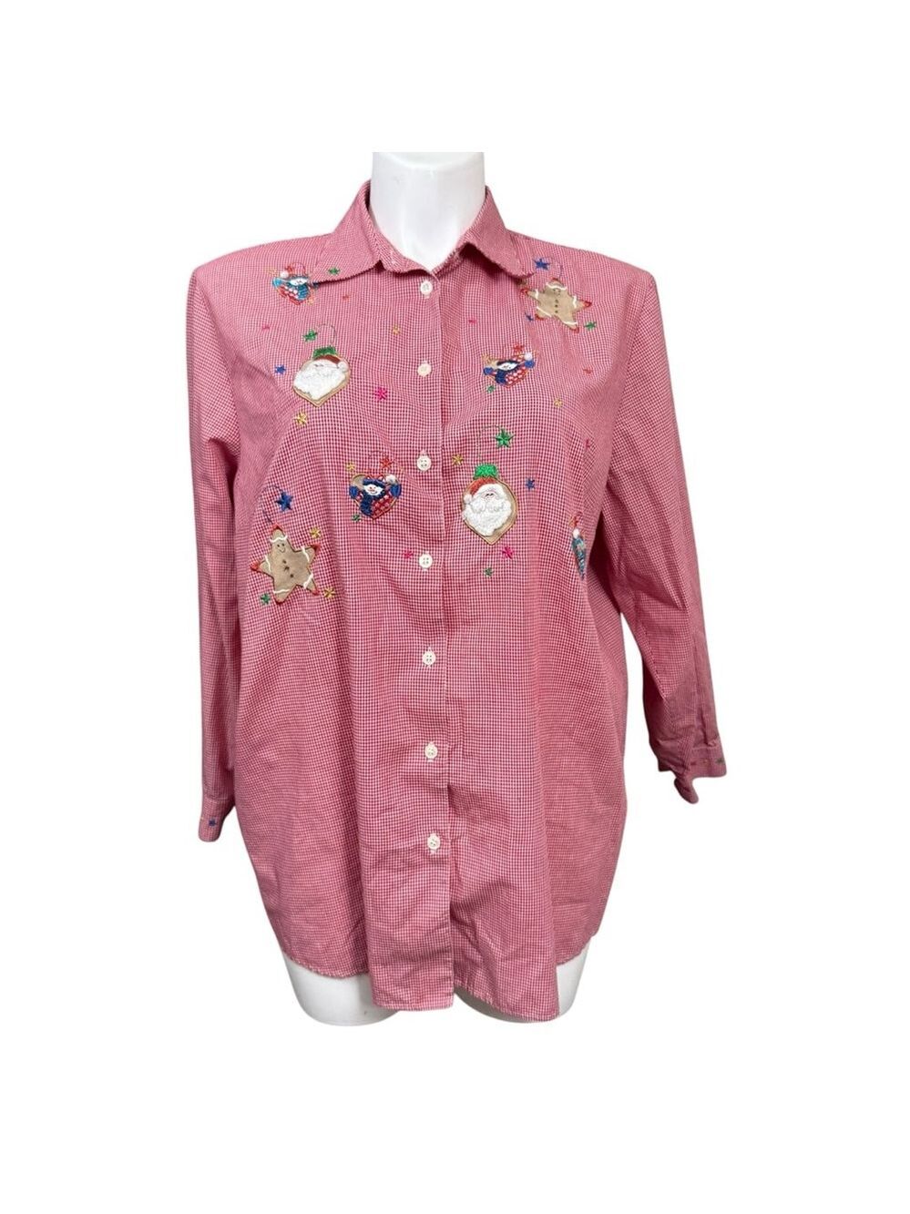 Karen Scott II Red Gingham Christmas Embroidered Button Down Shirt Size 1X